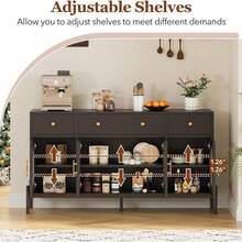 Huisuilinss 62" Large Sideboard Buffet Cabinet With Storage, Farmhouse Kitchen Display With 3 Drawers And 4 Glass Doors, Wood Coffee Bar For Kitchen, Dining Room, Living Room - màu đen - Xem 5