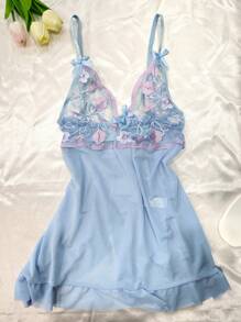 1 set Camicia da notte sexy da donna, elegante completo di lingerie in pizzo ricamato traslucido con scollo a V, abito corto, con slip morbido e volant