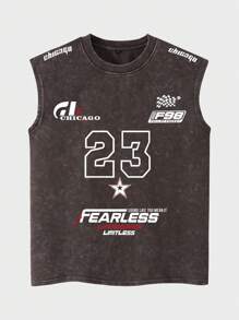 Shwiy Men's Black Casual Distressed Racerback Tank Top With Chicago Print 23 Stars Graphic, Minimalist Style Suitable For Daily Wear, Spring/Summer