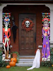 2pcs/Set Mexican Style Skull Hanging Flags, Hanging Banner Cloth, Door Curtain Couplet For Day Of The Dead Halloween Party Porch Decorations, Dia De Muertos Decoration,Store And Hotel Flag Door Decorations, Family Gather Festival Party Background Decoration Supplies,Halloween Decor,Family Holiday Atmosphere Decoration,Indoor/Outdoor Decorations