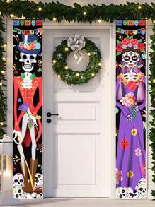 2pcs/Set Mexican Style Skull Hanging Flags, Hanging Banner Cloth, Door Curtain Couplet For Day Of The Dead Halloween Party Porch Decorations, Dia De Muertos Decoration,Store And Hotel Flag Door Decorations, Family Gather Festival Party Background Decoration Supplies,Halloween Decor,Family Holiday Atmosphere Decoration,Indoor/Outdoor Decorations