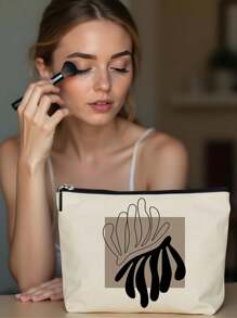 1pc Daily Black & White Geometric Figure Print Linen Cosmetic Bag, Cute Travel Makeup Pouch And Multi-Functional Coin Purse, Lightweight Gift Essential For Women,For Holiday Beach, Bathroom Collection, Bedroom Collection, Large Capacity
