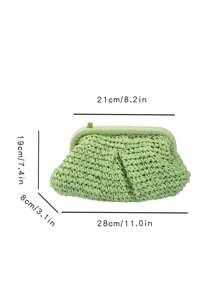 1 pieza Bolso de embrague con volantes tejido a mano de paja, bolso de paja macizo hecho a mano a ganchillo para mujeres, estilo casual de playa de vacaciones de verano bolso bandolera
