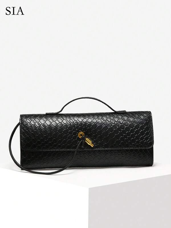 SIA Vintage Minimalist Faux țesut Textura Angola Roșu Vintage Lock Flap Pochetă de mână de capacitate lungă, Geantă de umăr Potrivită pentru petrecerea de seară, Asortare zilnică
