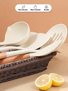 1pc/8pcs Wooden Handle Silicone Utensil Set, Non-Stick Cookware, Silicone Spatula, Wooden Spatulas, Soup Ladle, Rice Paddle, Kitchen Gadgets, Heat-Resistant &
