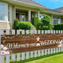 1pc Rustic Wooden Welcome To Our Wedding Banner, Polyester, Indoor & Outdoor Decor, Multi-Purpose, Festive Garden & Lawn Decoration, No Power Needed Party Banner
