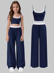 Conjunto de 2 piezas para adolescentes, top de tirantes y pantalones con bloqueo de color de estilo europeo y americano, conjunto ligero para niñas / ropa a juego de hermanas dulces