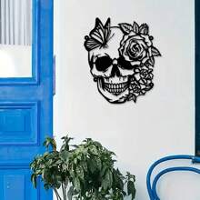 1pc Elegant Skull, Flower & Butterfly Metal Wall Art - Vintage Style Decor With Rose & Green Plants - Durable Black Metal Hanging Sign, Suitable For Living Room, Office, Kitchen Or Bar Decoration, Decorative Art | Elegant Wall Accessory | Durable Metal Art, Large Wall Art Room Decor Bedroom Decor Home Decor Wall Decor