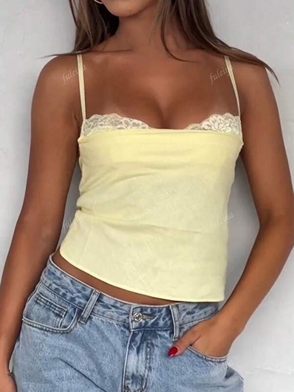 Cream Yellow Lace Patchwork Camisole Top, Solid Color Fashion, Suitable For Summer