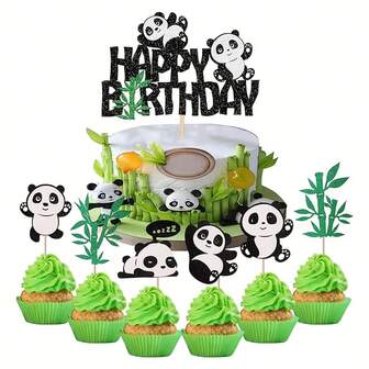 25 peças de bolo de feliz aniversário panda, topo de cupcake de bambu verde brilhante, decoração de bolo de aniversário com tema panda