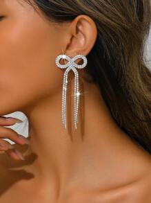 1 Paio di Eleganti Orecchini a Nappina con Fiocco Brillante, Orecchini a Perno con Cristalli Scintillanti, Accessori di Gioielleria alla Moda per Donne