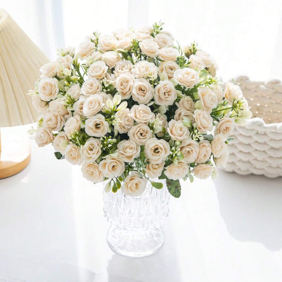 1/3PCS Romantic Silk Rose Bouquet Artificial Flowers Plastic Fake Plants Centerpieces Vase For Spring Autumn Wedding Decor Arrangement For Mother's Day/Father's Day/Festival Birthday/Party Accessories/Wedding/Room/Home/Kitchen/Bedroom/Living Room/Table Decoration/Bride's Bouquet/Outdoor Garden Decorations - Pink - View 1