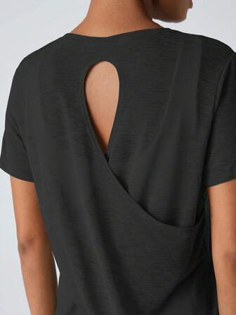 Sommar ihålig rygg Lös Yoga Coverup, Bambu Fiber Mesh Kortärmad Yoga T-shirt För Fitness Casual, Dam Open Back Sport Topp, Cross Strap Lättvikts Yoga Kort ärm, Rundhals Fitness Shirt för sommaren