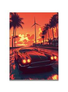 1/3 piezas, marco opcional, pintura de alta calidad, estilo moderno, coche deportivo, ilustración, puesta de sol, vacaciones, árbol de coco, puesta de sol, amantes de los coches, póster de arte de pared, decoración del hogar, adecuado para sala de estar, sofá, dormitorio, pasillo, baño, oficina, regalo de arte perfecto, embalaje de tubería rígida de PVC