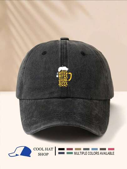 1pc Retro Beer Logo Printed Washed Vintage Baseball Cap, Cool Hipster Hip-Hop Curved Brim Hat, Adjustable Sun Protection Visor Cap, Unisex Dad Hat