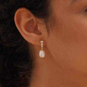 1Pair Real Freshwater Pearl Drop Earrings With Diamond, Wedding Earrings For Brides, Pearl Drop Earrings, Bridesmaid Gift, Christmas Gift For Her