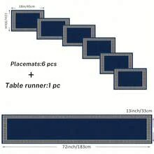 1 Set Of 7pcs Placemats & Table Runner Set, Geometric Greek Key Design Table Runners And Placemats, Suitable For Dining Room Table, Navy Blue Washable Placemats, Kitchen Dining Room And Outdoor Party Table Decor - Blue - View 3