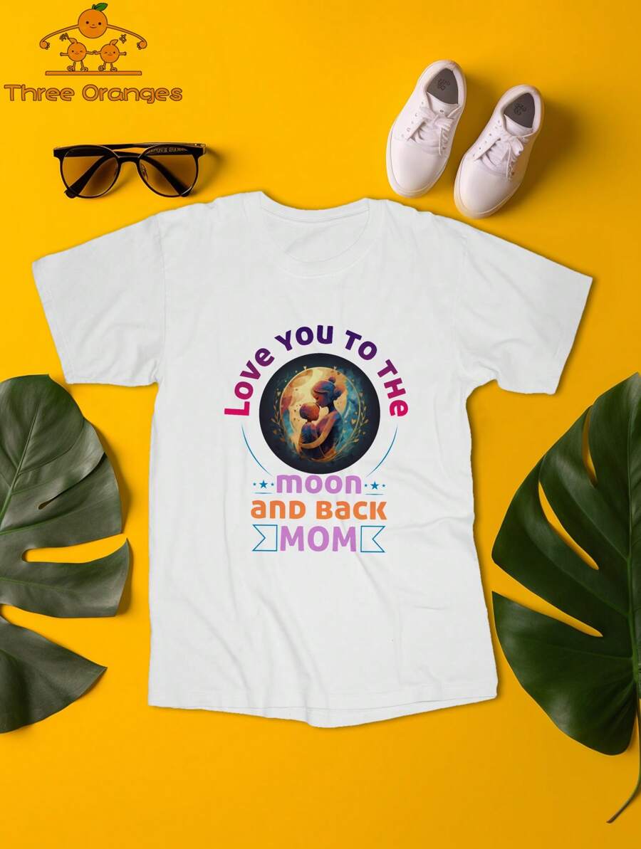 Tween Kid Love You To The Moon And Back Mom Letter Printed Graphic Round Neck Short-Sleeves Casual 100% Cotton T-Shirt - Mother's Day Edition - Boy Girl Summer Clothes