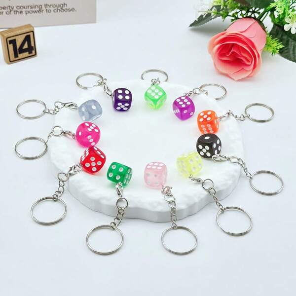 10pcs Fashion Colorful Acrylic Dice Keychain, Creative Candy Color Dice Pendant, Ideal For Bag Pendant Decoration, Car Pendant Accessories, Novelty Keychain, Gifts