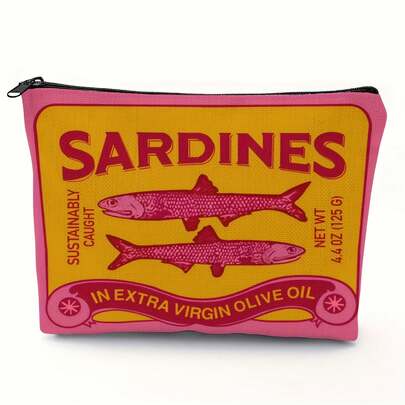 Vintage Sardine Pattern Unisex Cosmetic Bag, Foldable Spacious Zipper Pouch, Convenient Travel Accessory Storage Bag, Multifunctional Coin Purse, Pencil Case, Great Gift, Friends, Classmates, Teachers, Valentine's Day, Christmas, Thanksgiving, Mother's Day, Day, Back To School, Graduation
