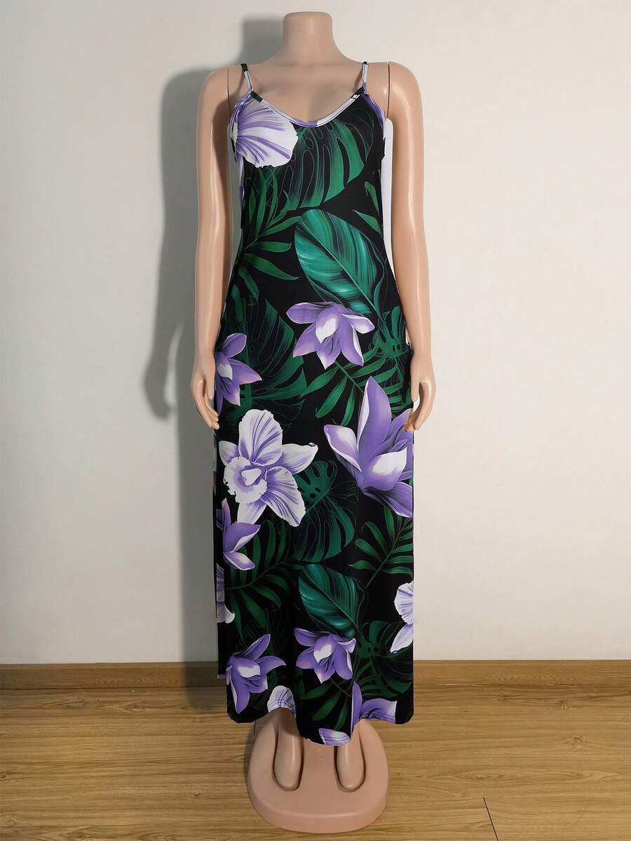 Plus Size Summer Holiday Floral & Plant Print Maxi Slip Dress - Multicolor - View 1