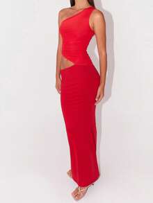 Women's One Shoulder Dress Stylish Solid Hollow Out Sleeveless Slim Fit Long Bodycon Dress For Summer - 紅色 - 查看 3