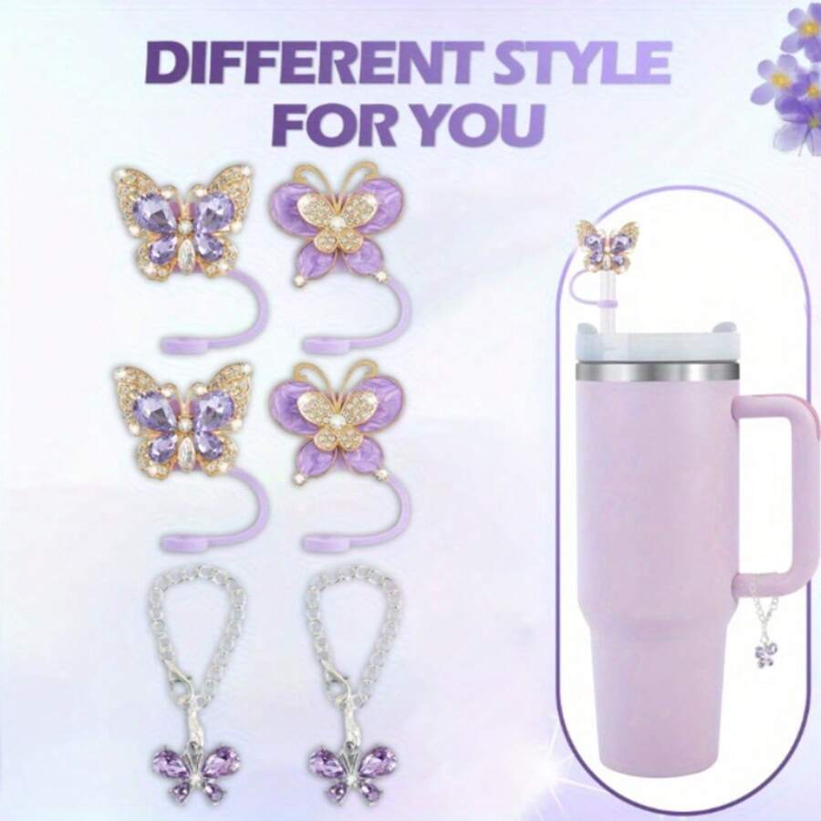 Crystal Bling Butterfly Silicone Straw Cover Caps For  Cup 30 40 Oz Tumbler 4 Pcs Colourful Butterfly Straw Tips And 2 Pcs Handle Charms