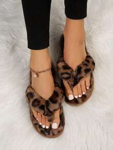 Premium TPR Flip Flops, Leopard Print Thong Sandals, Women's Fluffy Leopard Print Comfortable And Soft House Slippers