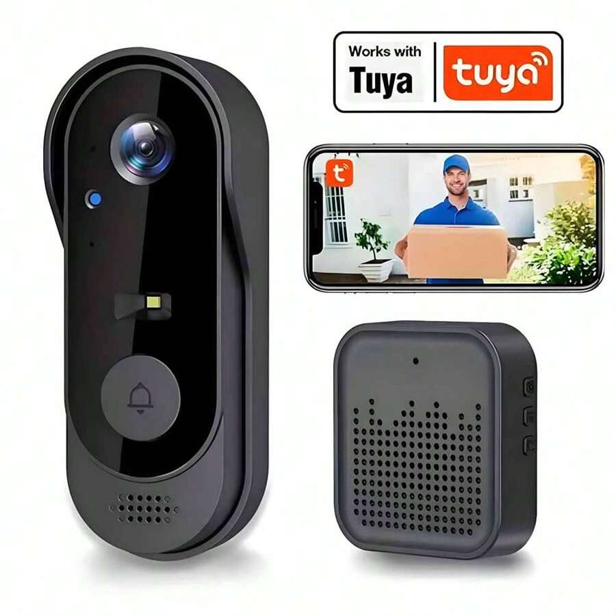 Timbre inalámbrico con cámara de vídeo inteligente TUYA, cámara de timbre inteligente WiFi de 2.4GHz, almacenamiento ampliable, captura fotos y vídeos HD, transmisión en vivo Full HD, tono de llamada personalizable, audio bidireccional en tiempo real, visión nocturna, resistente al agua