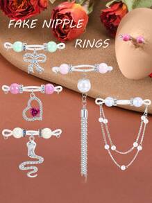 1Pair Fake Nipple Rings - Adjustable Fit Daily Wear Nipple Nooses - 8mm Candy Beads, Fake Nipple Jewelry Faux Nipple Piercing Non Pierce Faux Barbells, Fake Nipple Piercings, Valentine For Lovers