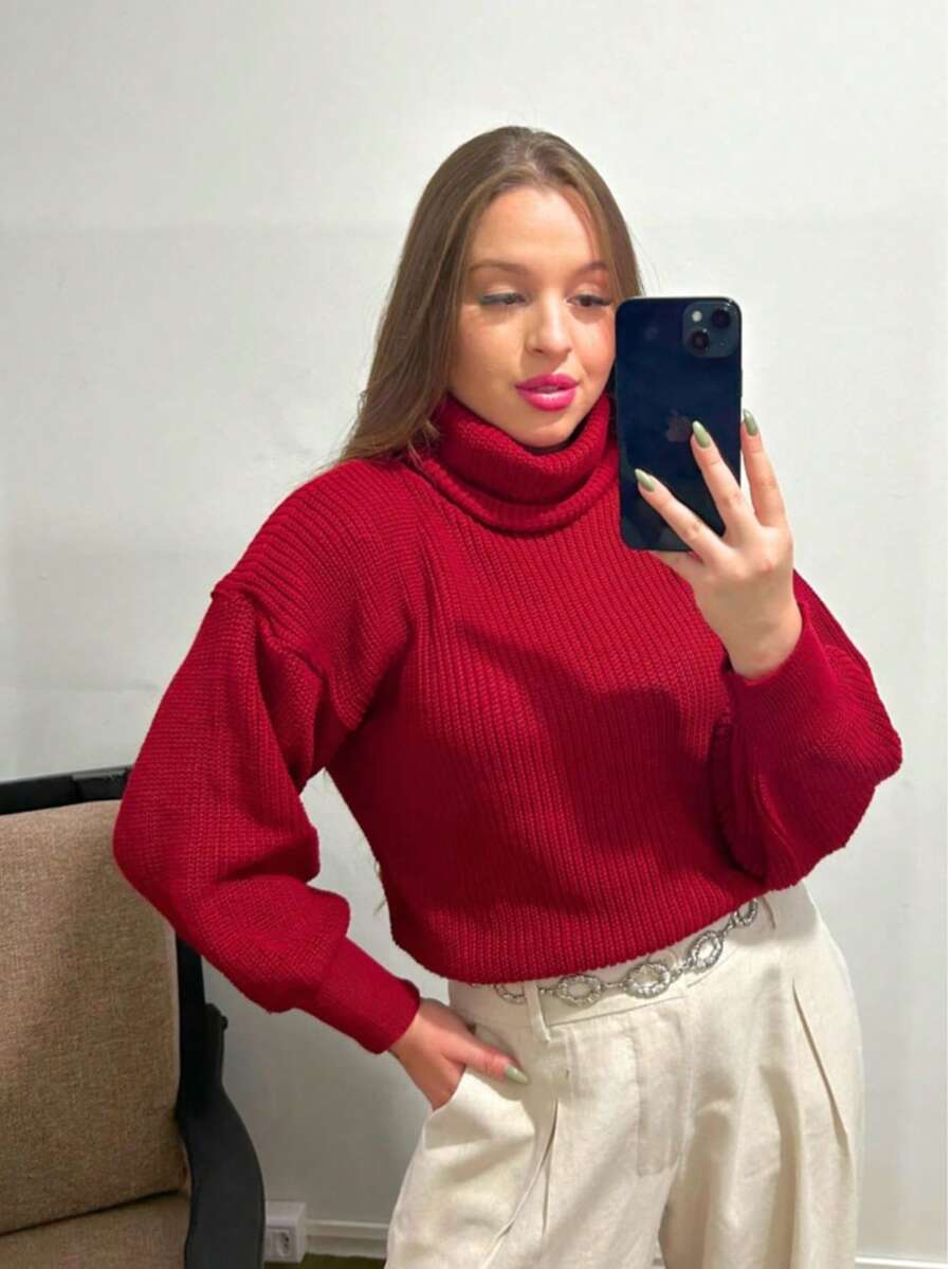 Knitted High Neck Blouse Puffed Sleeve Fang Point Winter - Red - View 1