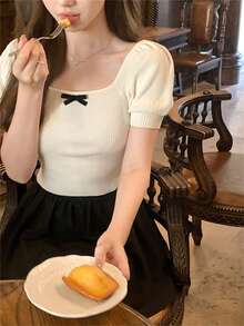 优雅返校甜美时尚焕新泡泡袖方领短袖T恤女夏季新款性感短款蝴蝶结上衣 - 杏色 - 查看 3