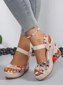2024 New European Women Platform Wedge Sandals, Outdoor Versatile One-Strap Slides, Sexy Floral Print Beach Casual Slippers, Comfortable Open Toe Shoes, Green Floral Elevated Petite Shoes