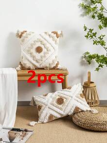 1 件/2 件米蓝色菱形图案靠垫套，欧美风格毛绒刺绣流苏装饰枕套，适用于沙发、卧室、汽车，30 * 50 厘米、45 * 45 厘米，四季适用（不含枕芯） - 米色 - 查看 15