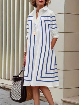 几何图案长袖宽松纽扣条纹翻领中长衬衫裙，涤纶面料，适合春夏季海滩、夜间外出、办公室、居家穿着