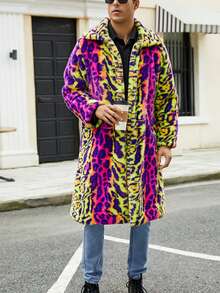 Men's Faux Fur Coat Contrast Animal Print Lapel Neck Open Front Long Sleeve Long Jacket Winter Warm Outwear - Multicolor - View 4