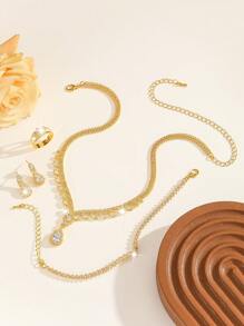 1 Set personalisierter, modischer, einfacher Schmuck aus Kupfermaterial mit blanken Strass-Steinen, 5 Stücke/Set - 1 Halskette, 1 Ring, 1 Armband, 1 Paar Ohrringe