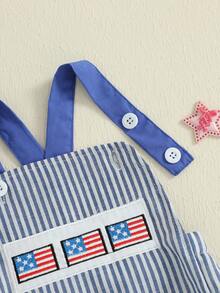 Baby Boy 4th Of July Overalls American Flag Embroidery Stripe Print Sleeveless Back Cross Romper - 藍色 - 查看 8