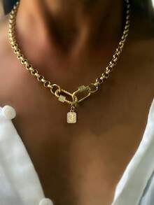 STYLEVER 1pc A-Z Gold Initial Letter Necklace,Twenty-Six Letter Necklace,Pendant Necklace,Special Meaning Necklace,Screw Clasp Link Chain Necklace,Stainless Steel Chain - Gold - View 15