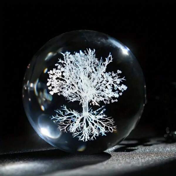 1pc 3D Carving Crystal Ball LED Colorful Night Light For Life Tree, Birthday And Festival Gift, Plant Life Tree Crystal Glass Ball, Thanksgiving And Christmas Indoor Statue Lamp
