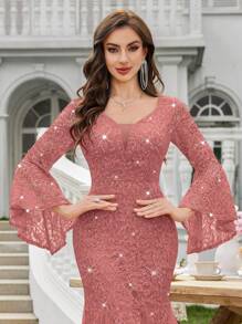 MIUSOL 深 V 领亮片花卉蕾丝撞色网眼喇叭袖美人鱼正式派对礼服婚礼宾客礼服晚礼服