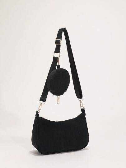 1 pieza Bolso de hombro y bandolera negro de 2 en 1 de unicolor de pana, con monedero, adecuado para compras, vacaciones y trayectos a la oficina