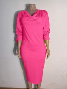 Plus Size Solid Color Pleated Simple Fitted Dress, Casual For Daily Wear - Hot Pink - View 2