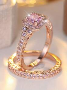 2pcs/Set Luxury Crystal Female Pink Zirconia Sqauarel Stone Ring Set Fashion Vintage Rose Gold Color Bridal Wedding Engagement Jewelry For Women - Ring Set - View 11