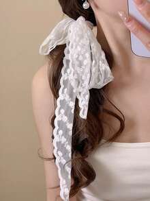 1 Set Lace Scarf,Long Chiffon Scarf, Ribbon Neckscarf, Lightweight Headband, Bag Decoration, Necktie, Collar Necklace - Suitable For Tying Package, Hair, And Neck For Dress - White - View 2