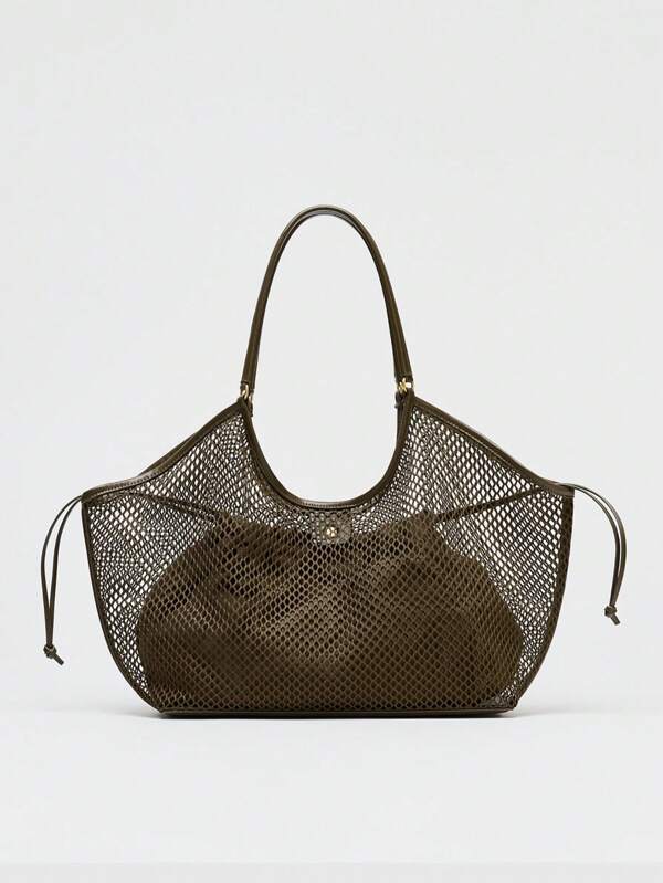 Portemonnee en handtas, set van twee, modieuze nieuwe mesh-geweven tas, casual tas voor dames, eenvoudige boodschappentas met grote capaciteit, strandtas voor op vakantie, geschikt voor dagelijks reizen en weekenduitjes, strandvakantie aan zee