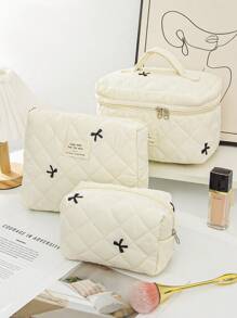 1Pc Bow Embroidered Cosmetic Bag Fashionable Large Capacity Quilted Makeup Bag Sets Travel Cosmetic Bag With Handle Lightweight Fluffy Filling Toiletries Bag For Travel Storage,Daily Use