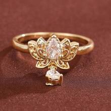 1 pieza Anillo de mujer con diseño de gota de agua de loto y incrustaciones de circonita cúbica