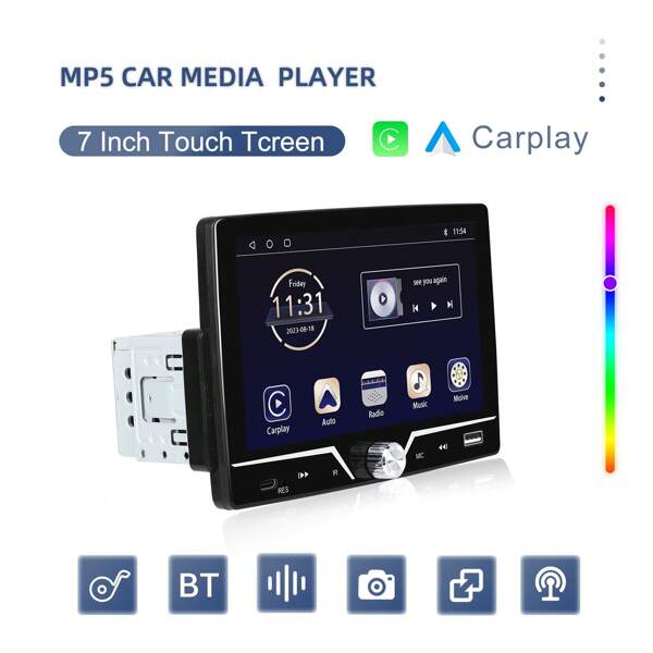 1 DIN Tela Sensível ao Toque de 7 Polegadas Reprodutor Multimídia Automotivo Universal com Bluetooth, Rádio FM, USB, Câmera de Ré, Carplay Com Fio Integrado/Auto com Câmera Traseira