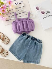 2 件装女婴节日风格花卉装饰吊带上衣和蝴蝶结牛仔短裤套装，夏季 - 紫色 - 查看 2